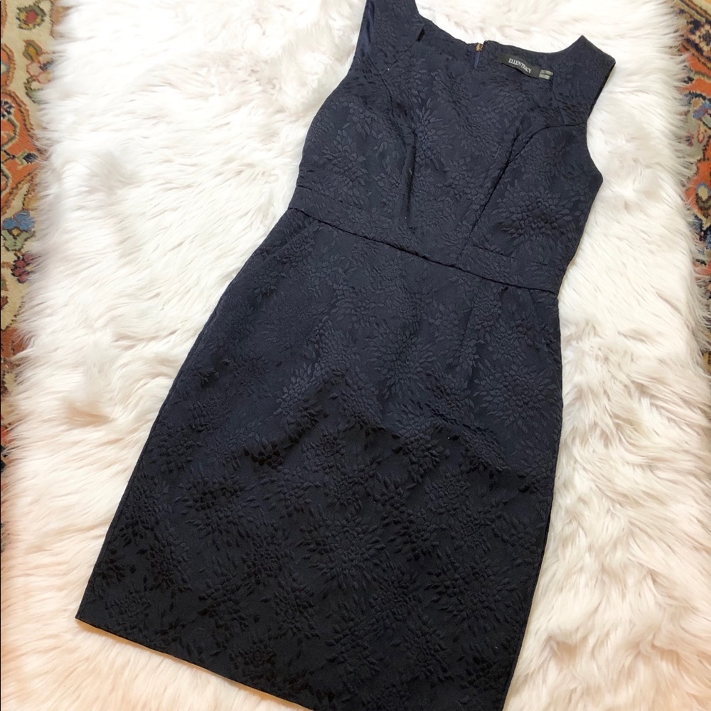 Ellen Tracy Dark Blue Brocade Sheath Dress Sz 2